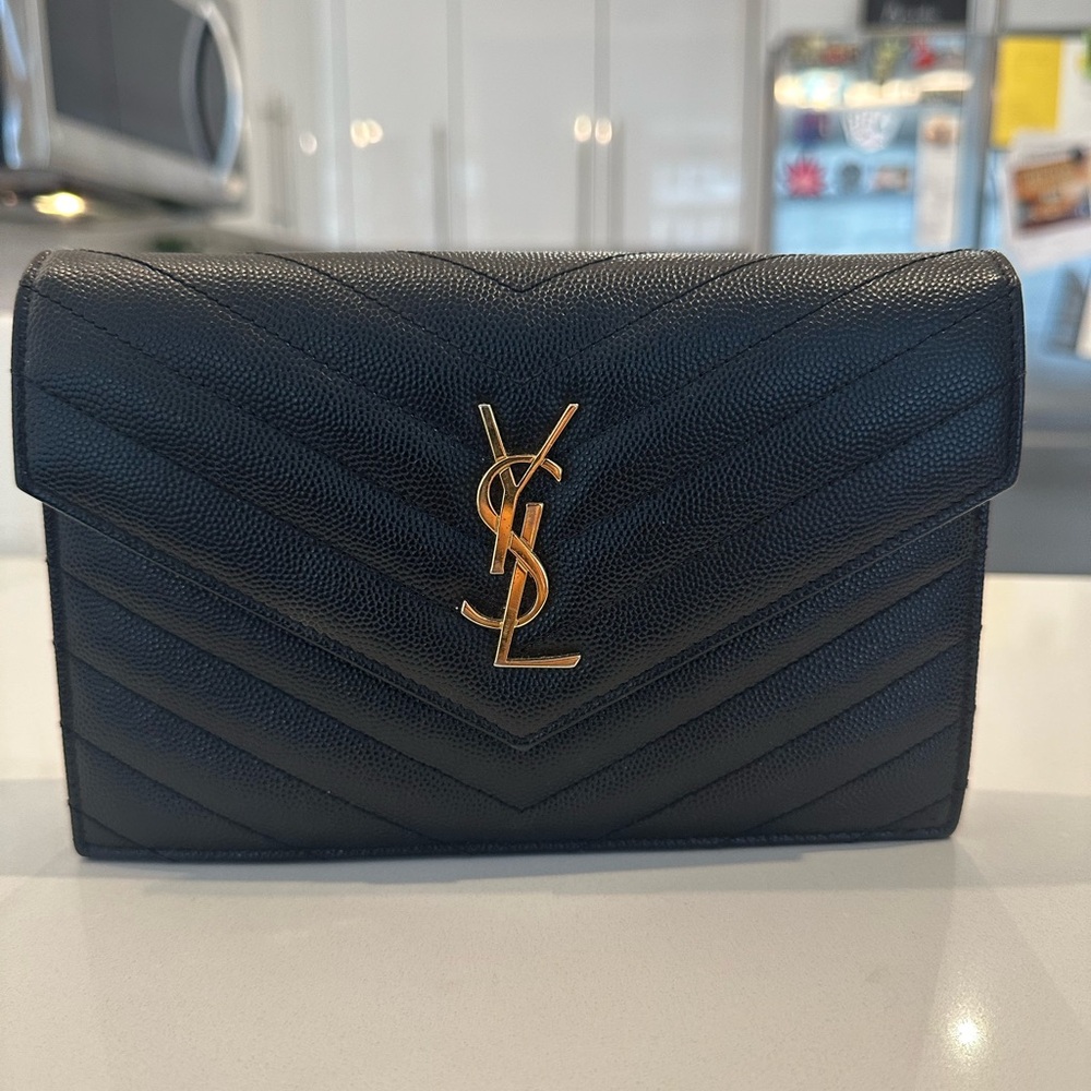 YSL Yves Saint Laurent Wallet On Chain WOC - Black and Gold, Great Condition